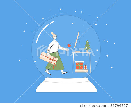 Christmas online celebration concept. Stay home at winter holiday. Young woman drinking a wine with video call during a pandemic of coronavirus. Xmas digital event. Vector line art  flat illustration 81794707