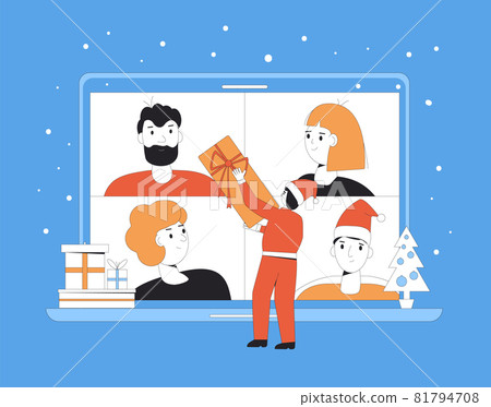 .Christmas online meeting. Friends giving a gift. Party holiday on internet. Young female persons meeting with video call during a pandemic. Sharing virtual present. Vector illustration 81794708