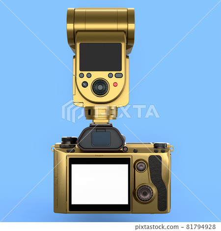 Nonexistent gold DSLR camera with lens and external flash speedlight on blue. Nonexistent gold DSLR camera with lens and external flash speedlight on blue. 81794928