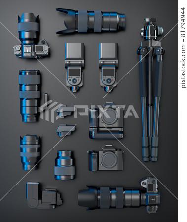 Top view of designer workspace and photography gear on black table background 81794944
