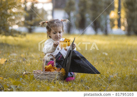 halloween celebration concept. cute little girl lays autumn leaves in witch hat in autumn park 81795103