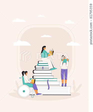 Teen girls with book. Literature fans. Vector color illustration. Teen girls with book. Literature fans. Vector color illustration. 81795359