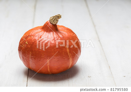 Pumpkin on white wooden background with copy space 81795580