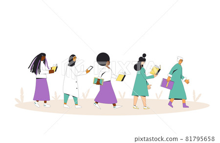 Women walking with books. Female literature fans. Different ages and multiethnic books lover. Women walking with books. Female literature fans. Different ages and multiethnic books lover. 81795658