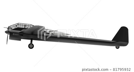 Three-dimensional model of the bomber aircraft of the second world war. Shiny aluminum body with two tails and wide wings. Turboprop engine. Shiny black airplane on a white background. 3d 81795932