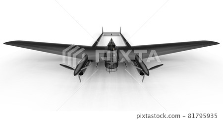 Three-dimensional model of the bomber aircraft of the second world war. Shiny aluminum body with two tails and wide wings. Turboprop engine. Shiny black airplane on a white background. 3d 81795935