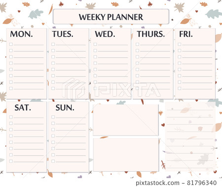 Weekly planner template design for autumn season. Cute page for everyday plans and notes with doodle autumn leaves 81796340