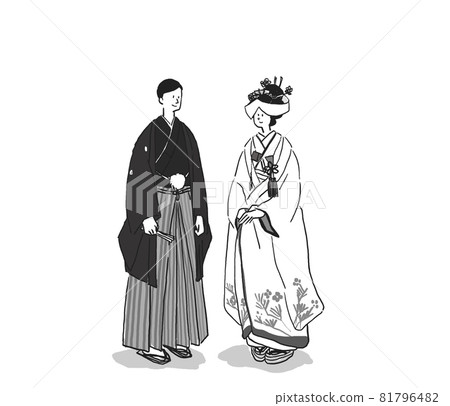 A Japanese-style bride (innocent white (with pattern), tsunokakushi) and a bridegroom with a crested haori-haori (bride and groom), Japanese-style wedding, kimono, marriage 81796482