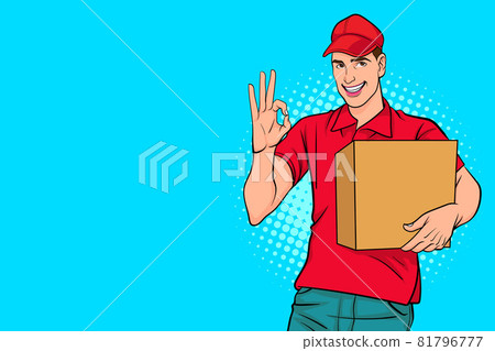 Delivery man employee in red cap with a big box showing ok gesture Delivery man employee in red cap with a big box showing ok gesture 81796777