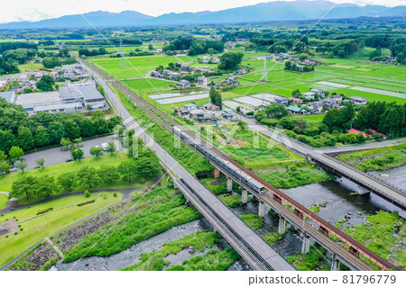 Taken from the sky above a lush river, beautiful fresh green Nasu plateau, Nasushiobara Taken from the sky above a lush river, beautiful fresh green Nasu plateau, Nasushiobara 81796779