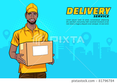 Delivery black man employee with a big box - Stock Illustration ...