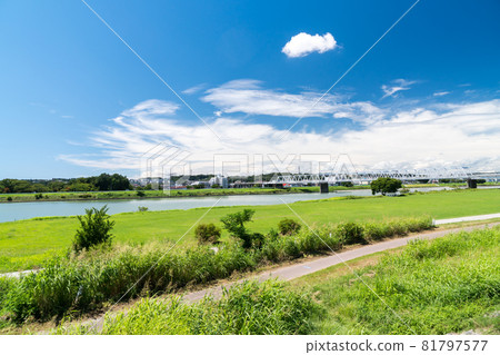 從多摩河自行車道京王線鐵道橋步行的風景夏季藍天調布市，東京 81797577
