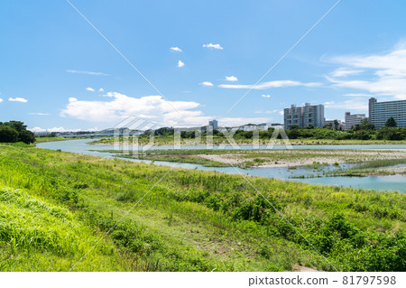 東京調布市多摩川河床漫步,夏日藍天白雲 東京調布市多摩川河床漫步,夏日藍天白雲 81797598