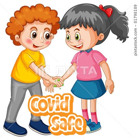 Two kids cartoon character do not keep social distance with Covid Safe font isolated on white background Two kids cartoon character do not keep social distance with Covid Safe font isolated on white background 81798189