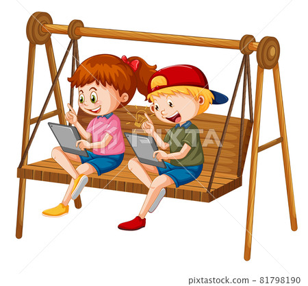 Kids leaning online with tablet on swing chair 81798190
