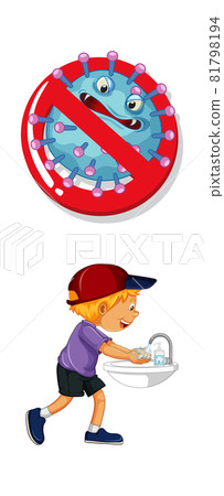 Stop coronavirus sign with a boy washing hands on white background 81798194
