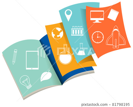 Opened book with academic icons Opened book with academic icons 81798195