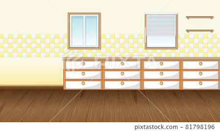 Empty kitchen room with counter cabinet and parquet floor Empty kitchen room with counter cabinet and parquet floor 81798196