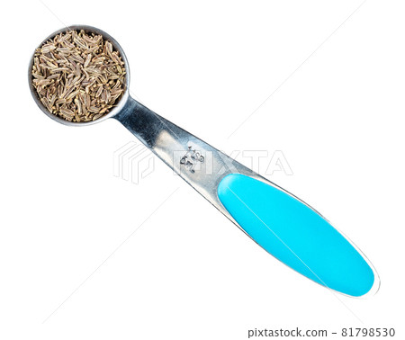 top view of kala zeera seeds (elwendia persica, black cumin) in measuring teaspoon cutout on white background 81798530