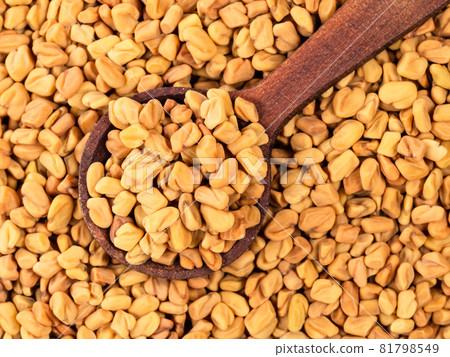 top view of wood spoon on pile of Fenugreek seeds closeup 81798549