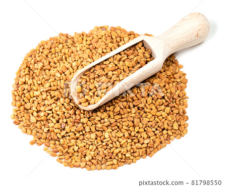 wooden scoop on pile of Fenugreek seeds on white background wooden scoop on pile of Fenugreek seeds on white background 81798550