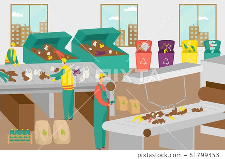 Modern technology factory waste recycle plant, people worker character together processing plastic on conveyor belt flat vector illustration. Modern technology factory waste recycle plant, people worker character together processing plastic on conveyor belt flat vector illustration. 81799353