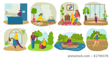 Various hobby people character together backpack hike, ballroom dance, fishing sport, yoga flat vector illustration, isolated on white. 81799376