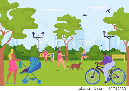 People character together spend time in parkland ride bike, walk dog and jogging, outdoor human stroll urban garden flat vector illustration. People character together spend time in parkland ride bike, walk dog and jogging, outdoor human stroll urban garden flat vector illustration. 81799383