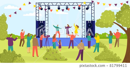 Modern outdoor rock music festival, people character together watch entertainment performance flat vector illustration, banner forest place. 81799411