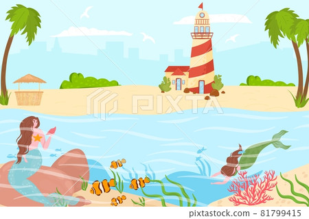 Magical mermaid sea creature swim near tropical country beach and lighthouse, ocean character nymph relax sea shore flat vector illustration. Magical mermaid sea creature swim near tropical country beach and lighthouse, ocean character nymph relax sea shore flat vector illustration. 81799415