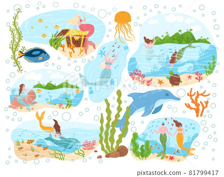 Magical mermaid sea creature, ocean character nymph with marine animal dolphin poster banner set flat vector illustration, isolated on white. Magical mermaid sea creature, ocean character nymph with marine animal dolphin poster banner set flat vector illustration, isolated on white. 81799417