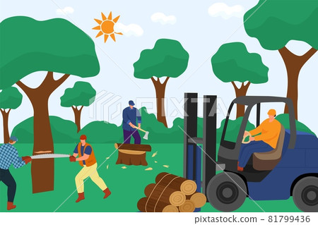 Group of professional lumberjack worker character work together timber harvest, hard work sawn wood flat vector illustration, forest field. 81799436