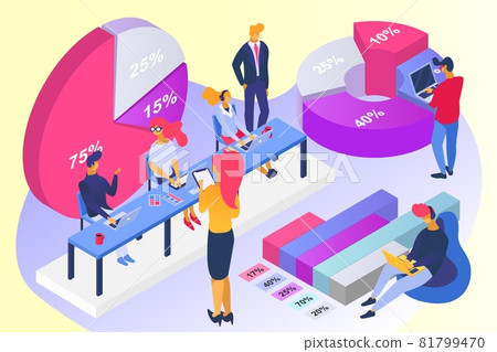 Business idea teamwork calculation percentage chart, office work clerk character together problem solution 3d isometric vector illustration. 81799470