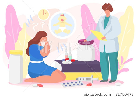 Professional gynecologist doctor specialist work with infertility woman, sterility female crying flat vector illustration, isolated on white. Professional gynecologist doctor specialist work with infertility woman, sterility female crying flat vector illustration, isolated on white. 81799475