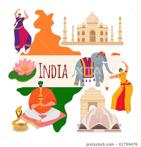 India country research concept, world asian oriental stereotype snake charmer, temple and elephant flat vector illustration, isolated on white. India country research concept, world asian oriental stereotype snake charmer, temple and elephant flat vector illustration, isolated on white. 81799476