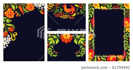 Concept set three ornament card poster, russian style khokhloma banner empty text black place flat vector illustration, isolated on white. 81799492