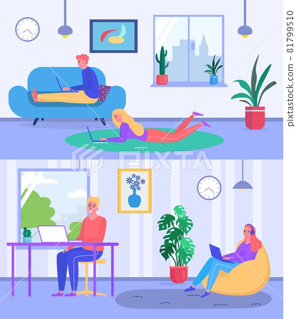 People professional specialist freelancer worker, woman and man online remote employee banner flat vector illustration, comfortable workplace. People professional specialist freelancer worker, woman and man online remote employee banner flat vector illustration, comfortable workplace. 81799510