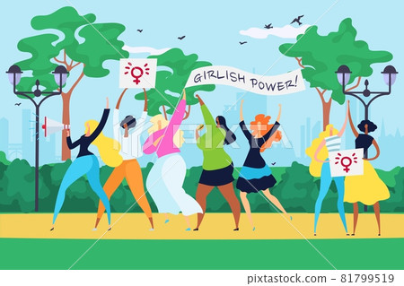 Public demonstration woman group together slogan girl power, feminism movement equality right flat vector illustration, street urban meeting. Public demonstration woman group together slogan girl power, feminism movement equality right flat vector illustration, street urban meeting. 81799519