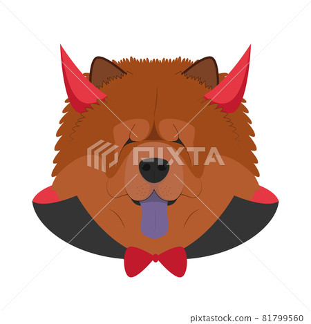 Halloween greeting card. Chow Chow dog dressed as a devil with red horns and cape 81799560