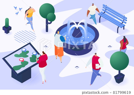 Townspeople character together walk urban garden place with fountain, stroll city people 3d isometric vector illustration, isolated on white. 81799619