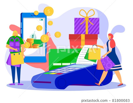 Modern finance bank cash back technology, tiny woman character online purchase terminal flat vector illustration, isolated on white. Modern finance bank cash back technology, tiny woman character online purchase terminal flat vector illustration, isolated on white. 81800083