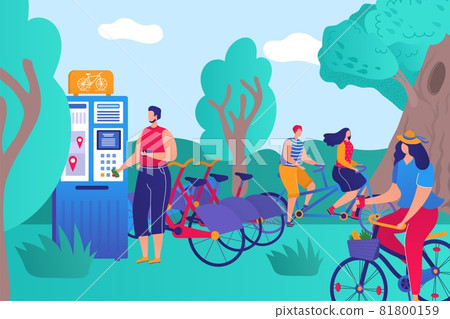 Parkland bicycle rental, healthy lifestyle people character together sport activity flat vector illustration, rental automatic machine. Parkland bicycle rental, healthy lifestyle people character together sport activity flat vector illustration, rental automatic machine. 81800159