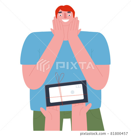 A man receives a new phone as a gift. Flat vector illustration of people. Vector illustrationThe man is delighted with the gift. Hands holding out a new phone. Flat vector illustration of people A man receives a new phone as a gift. Flat vector illustration of people. Vector illustrationThe man is delighted with the gift. Hands holding out a new phone. Flat vector illustration of people 81800457