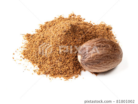 handful of whole nutmeg seed and powder closeup on white background 81801002