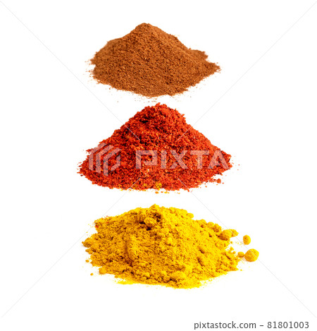 turmeric, paprika, cinnamon powders cutout on white background 81801003