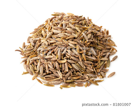 pile of cumin seeds closeup on white background 81801007