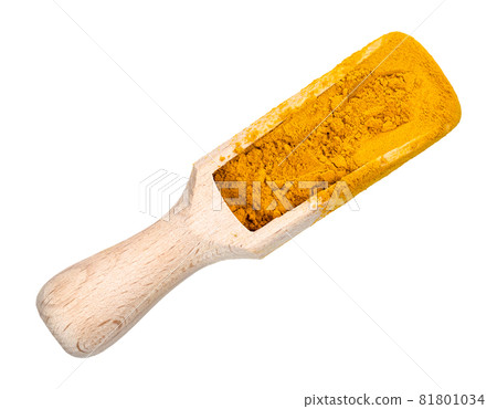 top view of Turmeric powder (Curcuma Longa) in wooden scoop cutout on white background top view of Turmeric powder (Curcuma Longa) in wooden scoop cutout on white background 81801034
