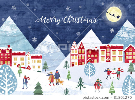 Snowy Christmas skyline and people with vector illustration background of Santa Claus and reindeer 81801270