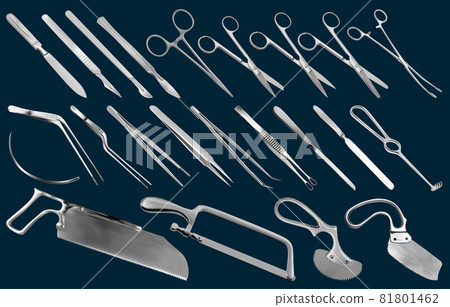Surgical instruments set. Tweezers, scalpels, Liston s knife, clamp, scissors, Folkman hook, Meyer forceps, needle, Langenbek saw, brain knife, Charriere bone saw, Bergman Engel Plaster saws. Vector Surgical instruments set. Tweezers, scalpels, Liston s knife, clamp, scissors, Folkman hook, Meyer forceps, needle, Langenbek saw, brain knife, Charriere bone saw, Bergman Engel Plaster saws. Vector 81801462