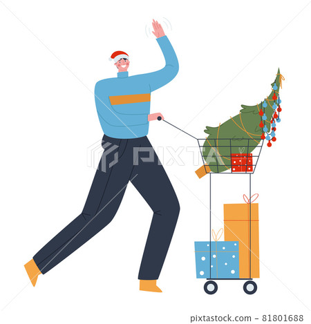 A man wearing a Santa hat bought a Christmas tree, garland and three presents. Preparing for Christmas and the New Year. Flat vector illustration. Vector illustration A man wearing a Santa hat bought a Christmas tree, garland and three presents. Preparing for Christmas and the New Year. Flat vector illustration. Vector illustration 81801688